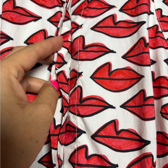 Anthropologie Red Smooch Dress. All Over Red Lip Design. Button Front. Pockets. - Picture 3 of 16